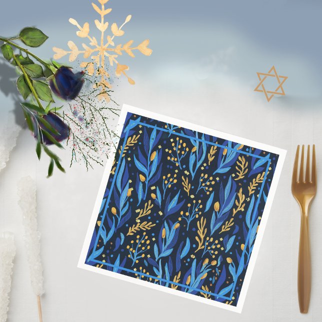 Servilleta De Papel Patrón floral azul marino Feliz Hanukkah (Navy Blue Floral Pattern Happy Hanukkah Napkins)