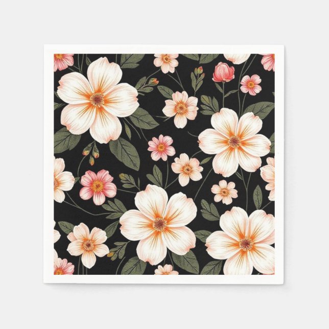 Servilleta De Papel Patrón floral brillante sobre negro (Anverso)