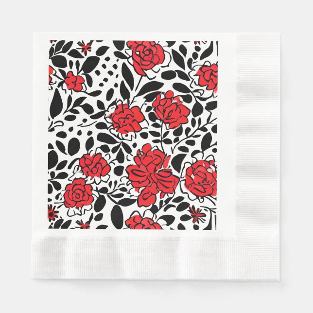 Servilleta De Papel Patrón floral de bonito en rojo, negro y blanco (Anverso)