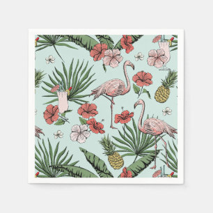 Servilleta De Papel Patrón floral de flamencos tropicales turquesa