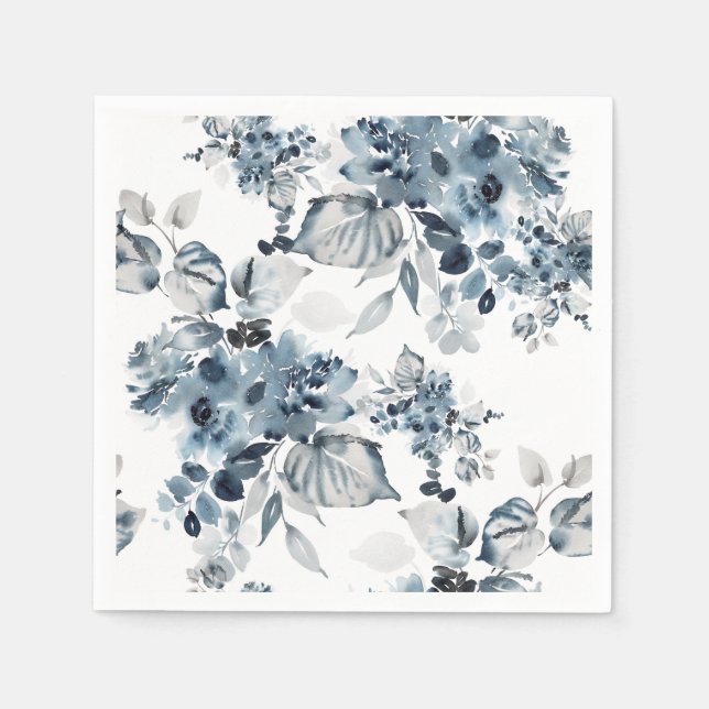 Servilleta De Papel Patrón floral gris y azul acuarela (Anverso)