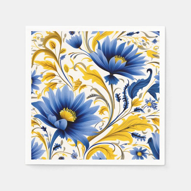 Servilleta De Papel Patrón floral moderno con azul y amarillo flotante (Anverso)