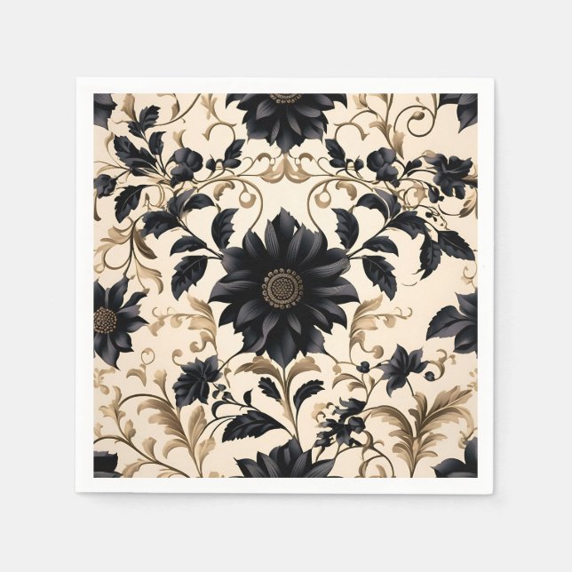 Servilleta De Papel Patrón floral negro elegante (Anverso)