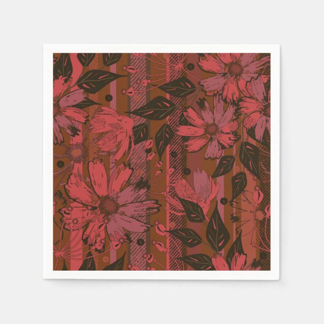 Servilleta De Papel Patrón floral negro y rojo. (Anverso)