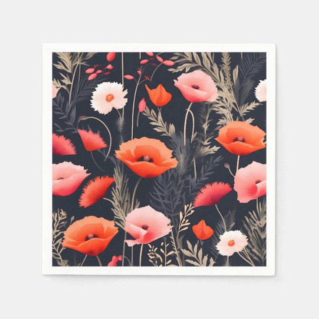 Servilleta De Papel Patrón floral oscuro con cachorros (Anverso)