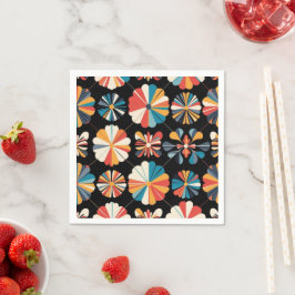 Servilleta De Papel Patrón geométrico de flores de arcoíris negro retr