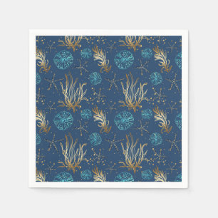 Servilleta De Papel Patrón Golden Starfish & Coral Reef en azul