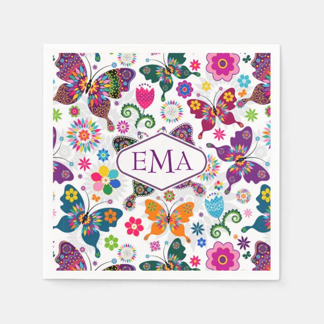 Servilleta De Papel Patrón Monogramado de mariposas y flores (Anverso)