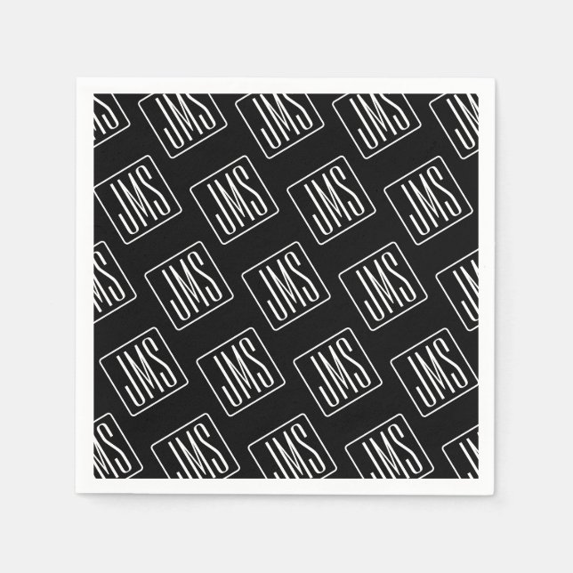 Servilleta De Papel Patrón monogramado moderno | Blanco y negro (Anverso)