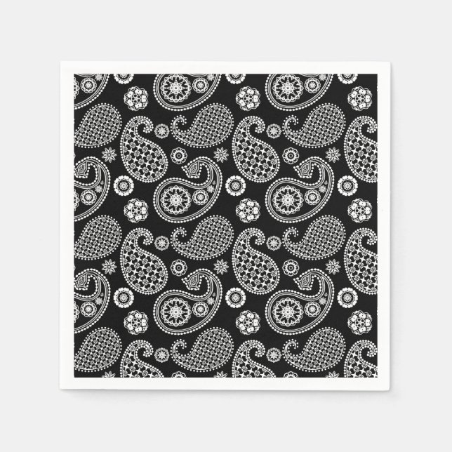 Servilleta De Papel Patrón paisley, negro y blanco (Anverso)