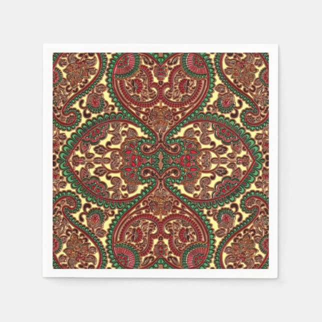 Servilleta De Papel Patrón paisley victoriano elegante oro verde rojo (Anverso)