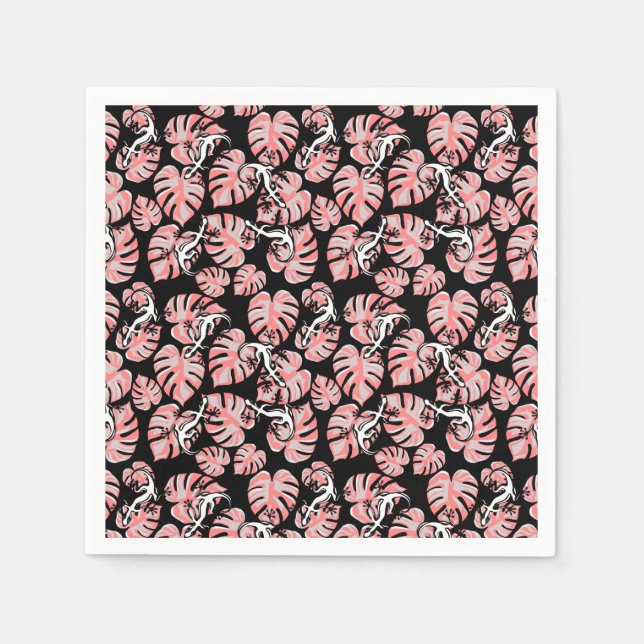 Servilleta De Papel Patrón Repetidor De Salamandra Y Hojas Rosa (Anverso)