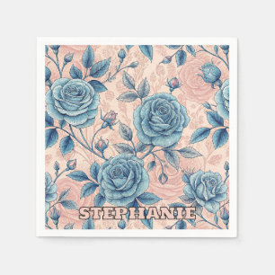 Servilleta De Papel Patrón Rosa azul retro sobre fondo rosa suave