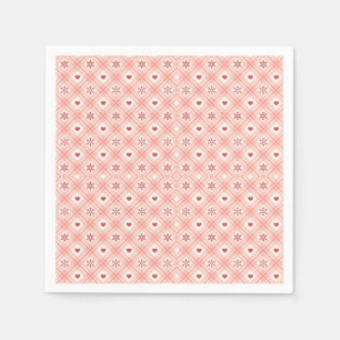 Servilleta De Papel Patrón Rosa Retro, Corazón Rojo Y Copos De Nieve