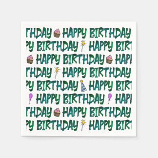 Servilleta De Papel Patrón tipográfico verde de feliz cumpleaños