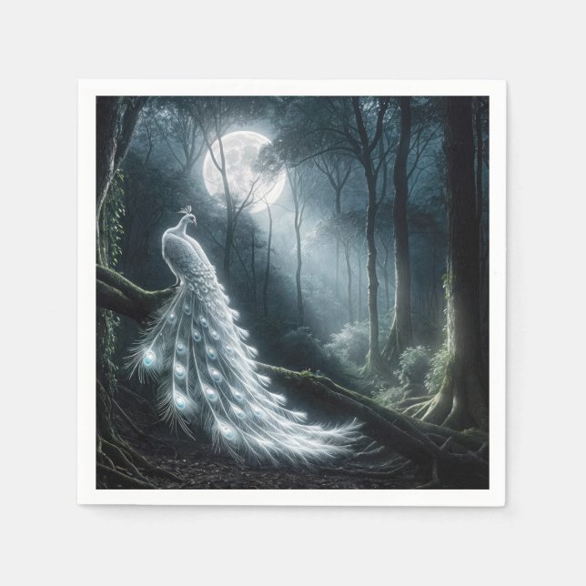 Servilleta De Papel Pavo Real Blanco En Bosque De La Luna (Anverso)