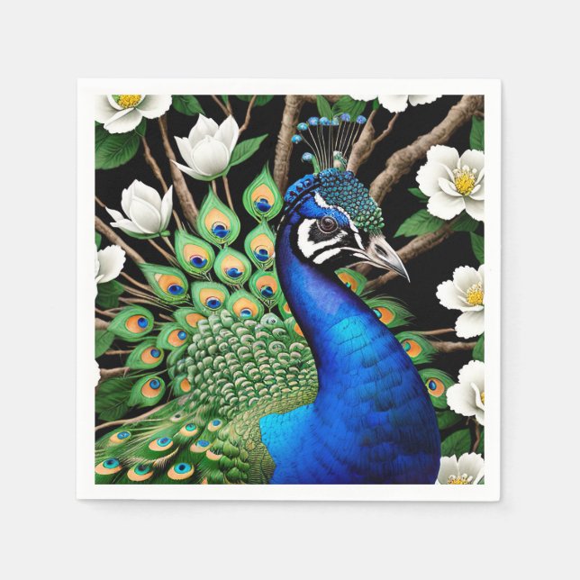 Servilleta De Papel Pavo Real Con Flores (Anverso)