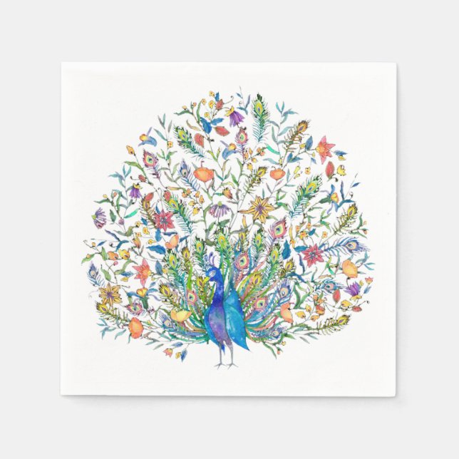 Servilleta De Papel Pavo real floral acuarela (Anverso)