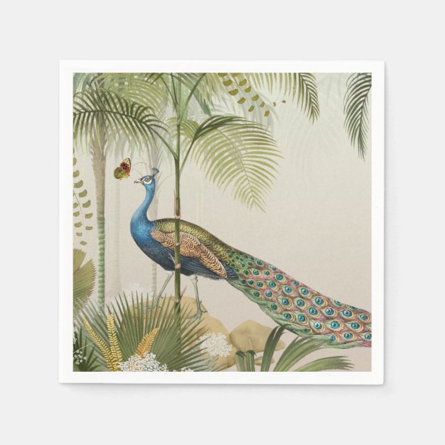 Servilleta De Papel Pavo real tropical con mariposas (Anverso)