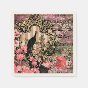 Servilleta De Papel Pavo real vintage nota musical floral rosa y dorad