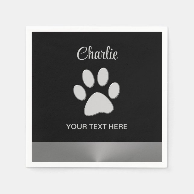 Servilleta De Papel Paw de perro plateado sobre fondo negro (Anverso)