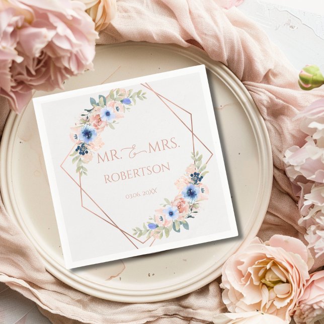 Servilleta De Papel Peach Blue Wedding Collection (Peach Blue Light-Gray Wedding Collection Napkins with your names and date.)