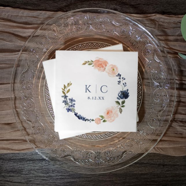 Servilleta De Papel Peach & Dusty Blue Botanical Garden Bridal Shower (Navy blue & peach wedding or bridal shower napkins - watercolor floral)