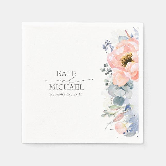 Servilleta De Papel Peach Floral Dusty Blue Boda (Anverso)