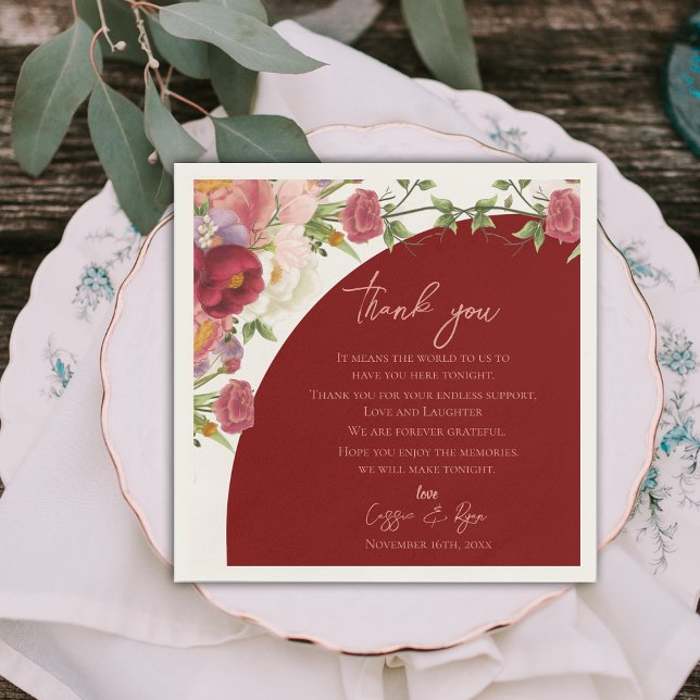 Servilleta De Papel Peach Floral Red Arch Boda Gracias Mensaje (Peach Floral Red Arch Wedding Thank you Message Napkins)