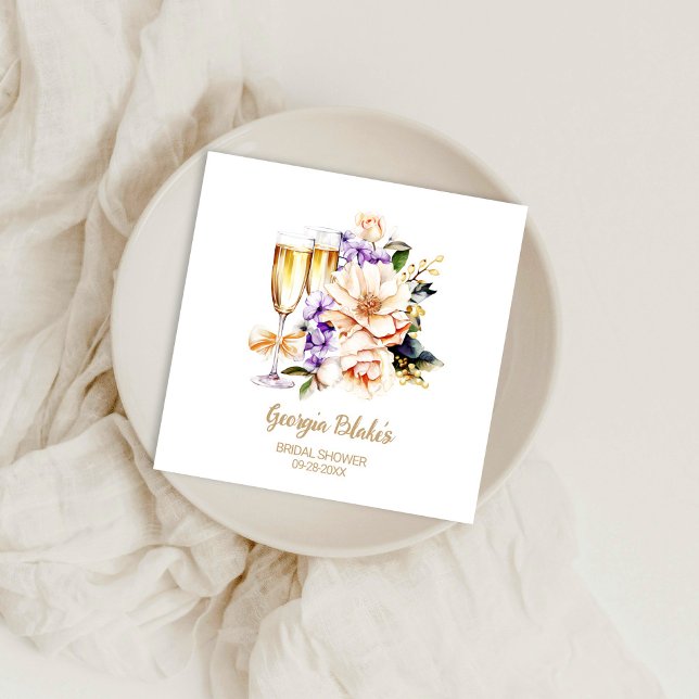 Servilleta De Papel Peach Purple Floral Champagne Glass Bridal Shower (Subido por el creador)