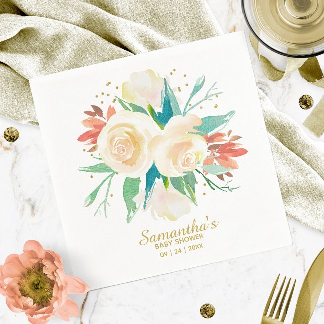Servilleta De Papel Peach Watercolor Floral Baby Shower (Subido por el creador)