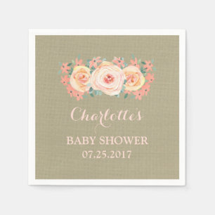 Servilleta De Papel Peach Watercolor Floral Burlap Baby Shower