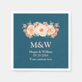 Servilleta De Papel Peach Watercolor Floral Marina Azul Boda Napkin