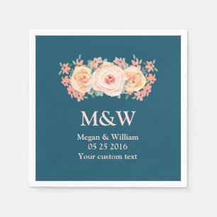 Servilleta De Papel Peach Watercolor Floral Marina Azul Boda Napkin