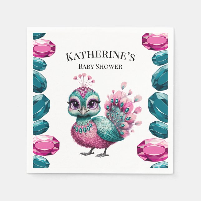 Servilleta De Papel Peacock Baby Shower de bebé joven rosa y Verde azu (Anverso)