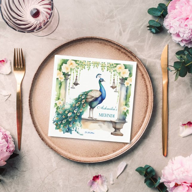 Servilleta De Papel Peacock Mehndi jasmine vajilla boda indio (Peacock and jasmine mehndi tableware personalized napkins Indian wedding custom napkins henna napkin)