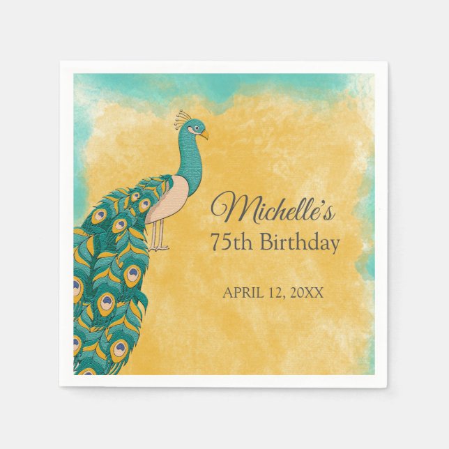 Servilleta De Papel Peacock Verde azulado Amarillo 75 cumpleaños (Anverso)