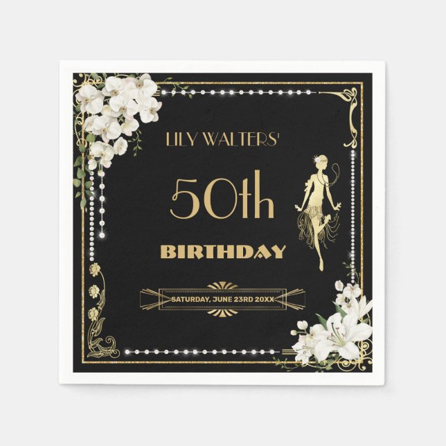 Servilleta De Papel Pearls White Floral Art Deco Gatsby 20 Aniversario (Anverso)