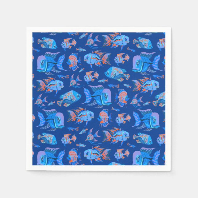 Servilleta De Papel Peces tropicales divertidos en azul (Anverso)