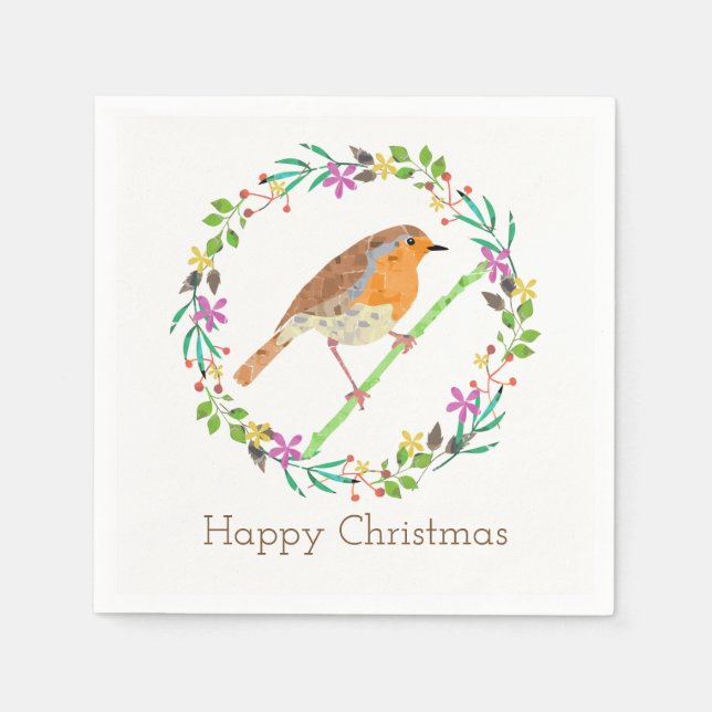 Servilleta De Papel Pecho Rojo Robin, ave de Navidad (Anverso)