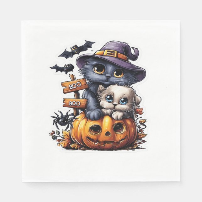 Servilleta De Papel Pegatina de gatos de Halloween - Gorra de brujas,  (Anverso)