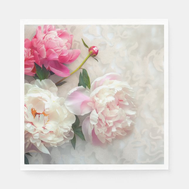Servilleta De Papel peonatos rosados y blancos con fondo de encaje (Anverso)