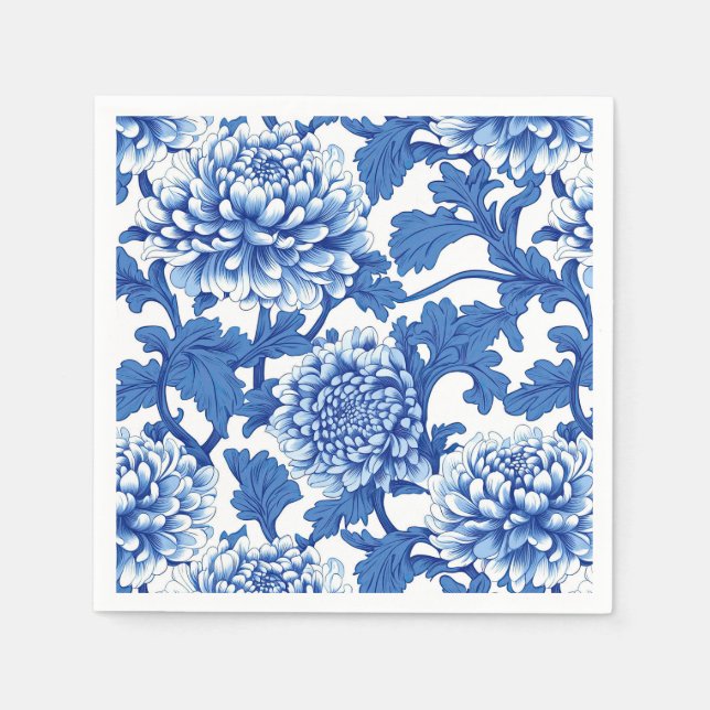 Servilleta De Papel Peonía floral chinoiserie azul y blanco (Anverso)