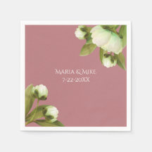 Peonías blancas con servilletas azul polvoriento