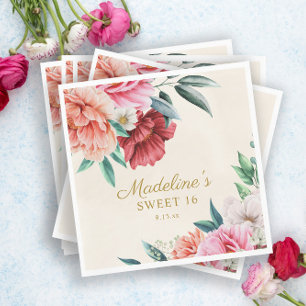 Servilleta De Papel Peonías Rosadas Flor de Borgoña Hojas Dulces 16