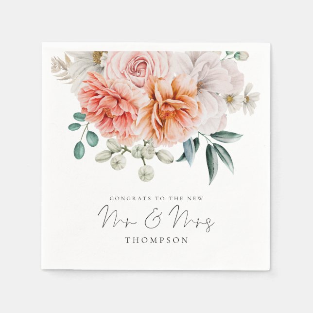 Servilleta De Papel Peonies Coral Peach Felicitaciones Sr. Sra. Boda (Anverso)