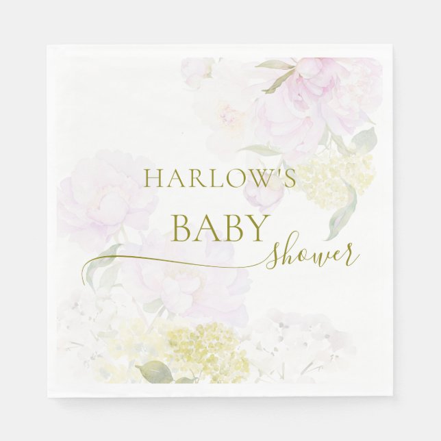 Servilleta De Papel Peonies Hydrangea Pastel Watercolor Baby Shower (Anverso)