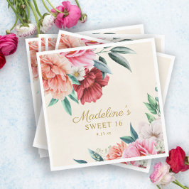 Servilleta De Papel Peonies rosados Burgundy Floral hojas dulces 16