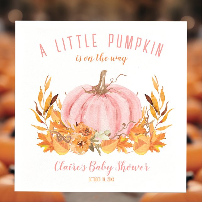 Servilleta De Papel Pequeña Calabaza Chica de Caída Rosa Baby Shower (Little Pumpkin Pink Fall Girl Baby Shower Napkins)