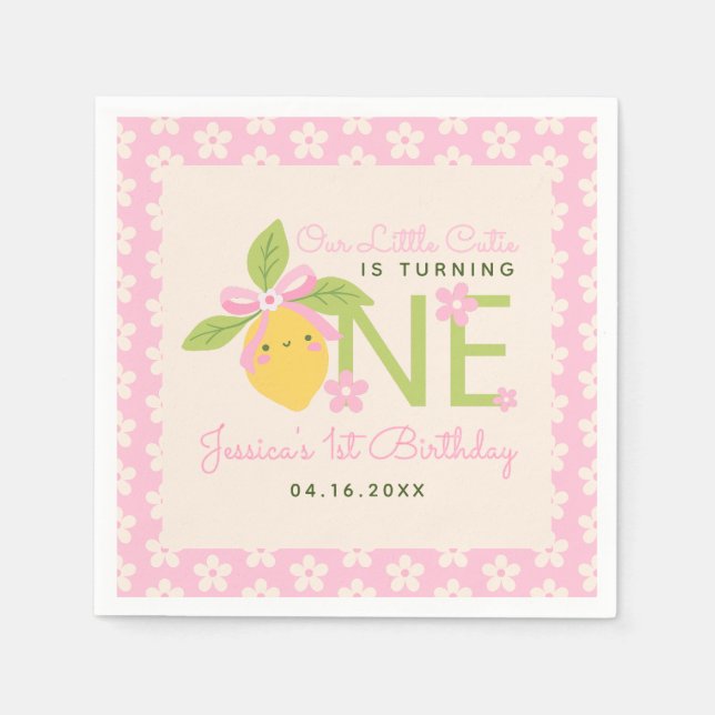 Servilleta De Papel Pequeña Cumpleañera Fruta de Limón Rosa Fiesta de  (Anverso)